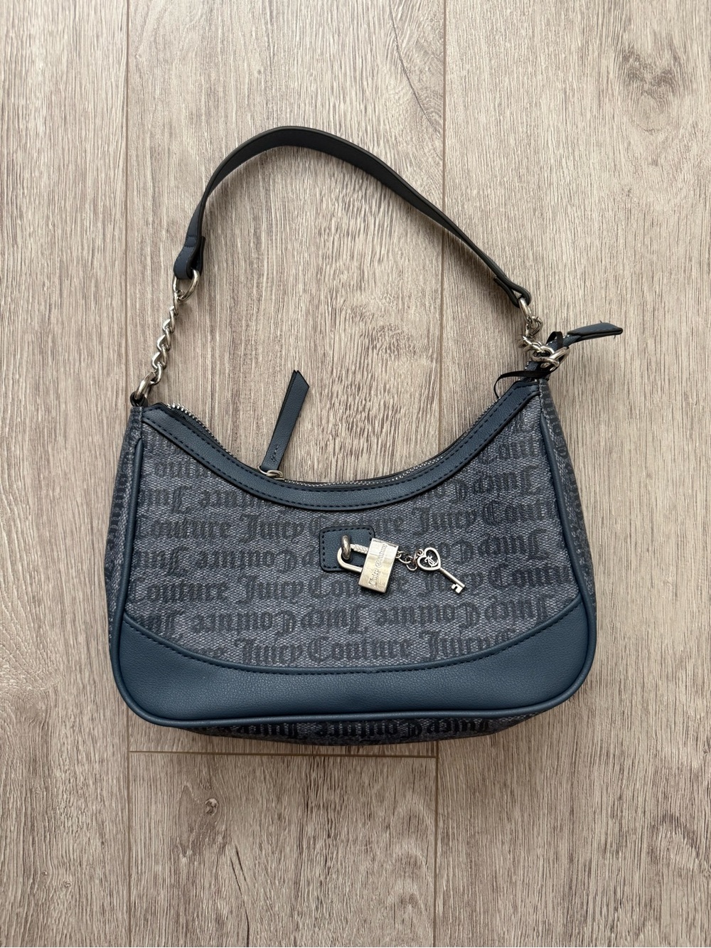 Juicy Couture Navy Monogram Mini Shoulder Bag with Padlock Charm